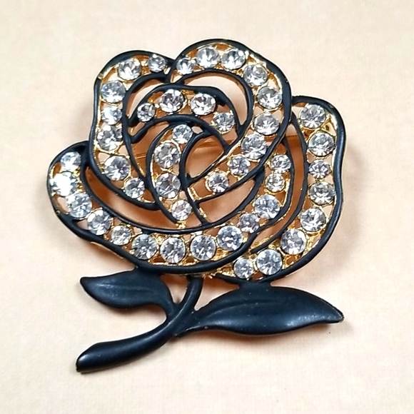 Vintage Black Enamel Rose Rhinestone Gold Tone Brooch - Picture 5 of 12